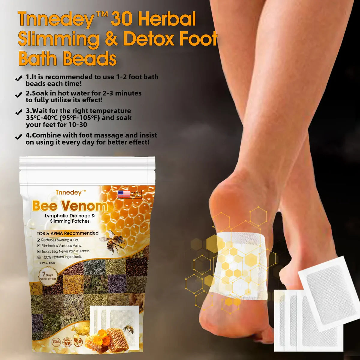 Bee Venom Lymphatic Drainage & Slimming Foot Patches with Free Relief Spray Oil